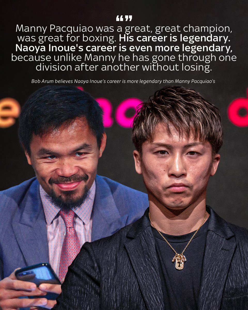 SkySportsBoxing's tweet photo. Bob Arum says Naoya Inoue's career is more legendary than Manny Pacquiao's 🗣️ 🥊

Let us know who you think has the better legacy? 👑 https://t.co/JEVotJ0YGf