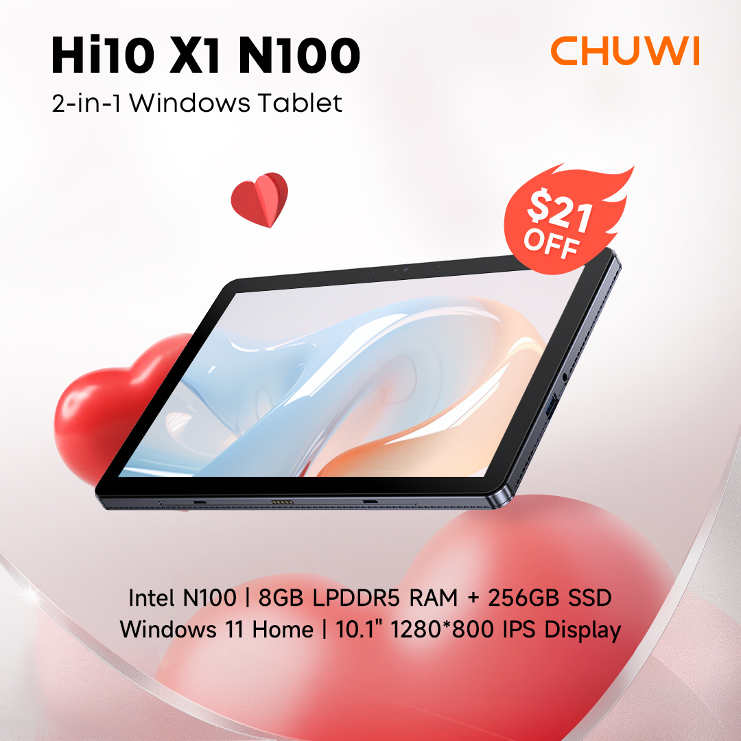 chuwidotcom's tweet photo. 💕 Valentine's Day Sale: $21 OFF Hi10 X1 10.1" 2-in-1 Windows Tablet!
💥 Hurry! Offer ends Feb 13, 2025 (PST)
✨ 10.1" Display | Intel N100 | 8GB RAM | 256GB SSD | Wi-Fi 6 | 8MP + 5MP Camera
🛒 https://t.co/RWAADzEpw5
#CHUWI #Hi10X1 #ValentinesDaySale #TabletDeals #WindowsTablet https://t.co/09jgWBlln0