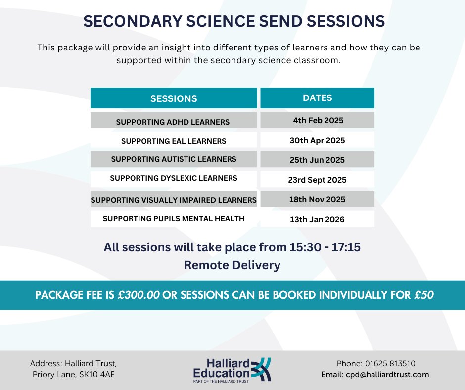 Come and join us online for our upcoming Science CPD which starts this February! These sessions will focus on supporting SEND learners in the secondary science classroom.

🎟 Book here: tinyurl.com/4tk3s8wy

#secondaryscience #SEND #scienceCPD #remoteCPD