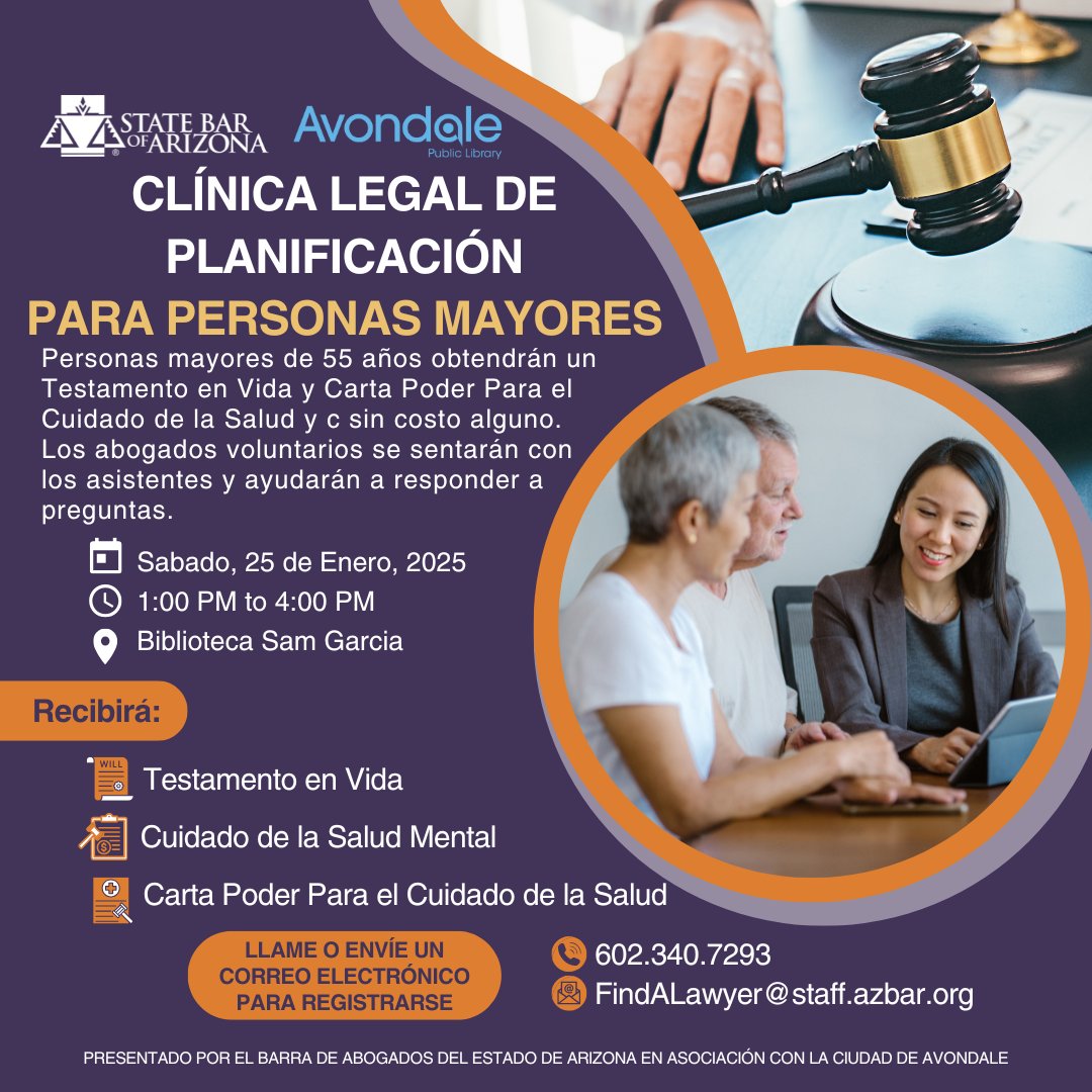 State Bar of Arizona (@azstatebar) on Twitter photo Have plans this weekend? Join us at the Sam Garcia Library in Avondale for our first senior planning legal clinic of 2025! Walk away with a living will, health care and mental health care power of attorney for FREE. Reserve your spot by emailing FindALawyer@staff.azbar.org. Have plans this weekend? Join us at the Sam Garcia Library in Avondale for our first senior planning legal clinic of 2025! Walk away with a living will, health care and mental health care power of attorney for FREE. Reserve your spot by emailing FindALawyer@staff.azbar.org.
