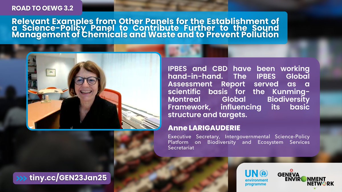 GENeva Environment Network (@genetwork) on Twitter photo <a href="/UNEP/">UN Environment Programme</a> <a href="/IPCC_CH/">IPCC</a> <a href="/IPBES/">ipbes</a> <a href="/IISD_ENB/">Earth Negotiations Bulletin</a> <a href="/ErmiraFida/">Ermira Fida</a> <a href="/JimSkeaIPCC/">Jim Skea</a> <a href="/dobura/">David Obura</a> <a href="/NaliniSharmaGVA/">Nalini Sharma</a> <a href="/IPCPch/">IPCP - International Panel on Chemical Pollution</a> <a href="/ALarigauderie/">Anne Larigauderie</a> <a href="/UNDP/">UN Development</a> <a href="/FAO/">Food and Agriculture Organization</a> <a href="/UNESCO/">UNESCO 🏛️ #Education #Sciences #Culture 🇺🇳</a> <a href="/CITES/">CITES</a> <a href="/RamsarConv/">Convention on Wetlands</a> Building upon what has been said, Anne Larigauderie underscores <a href="/IPBES/">ipbes</a> & <a href="/UNBiodiversity/">UN Biodiversity</a> close collaboration, showing how CBD COPs decisions are the propeller for IPBES Assessment reports.
She also highlights how the first assessment report served as scientific basis for #KMGBF. <a href="/UNEP/">UN Environment Programme</a> <a href="/IPCC_CH/">IPCC</a> <a href="/IPBES/">ipbes</a> <a href="/IISD_ENB/">Earth Negotiations Bulletin</a> <a href="/ErmiraFida/">Ermira Fida</a> <a href="/JimSkeaIPCC/">Jim Skea</a> <a href="/dobura/">David Obura</a> <a href="/NaliniSharmaGVA/">Nalini Sharma</a> <a href="/IPCPch/">IPCP - International Panel on Chemical Pollution</a> <a href="/ALarigauderie/">Anne Larigauderie</a> <a href="/UNDP/">UN Development</a> <a href="/FAO/">Food and Agriculture Organization</a> <a href="/UNESCO/">UNESCO 🏛️ #Education #Sciences #Culture 🇺🇳</a> <a href="/CITES/">CITES</a> <a href="/RamsarConv/">Convention on Wetlands</a> Building upon what has been said, Anne Larigauderie underscores <a href="/IPBES/">ipbes</a> & <a href="/UNBiodiversity/">UN Biodiversity</a> close collaboration, showing how CBD COPs decisions are the propeller for IPBES Assessment reports.
She also highlights how the first assessment report served as scientific basis for #KMGBF.
