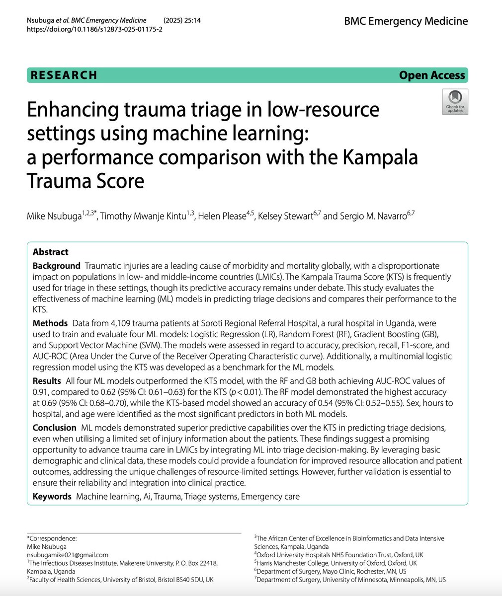 mikensbg's tweet image. Our new research shows machine learning(ML) can improve triage for trauma patients in resource-limited areas. We recommend creating robust trauma registries in sub-Saharan Africa not only for ML development but also for improvements in clinical care, surveillance, and QA.