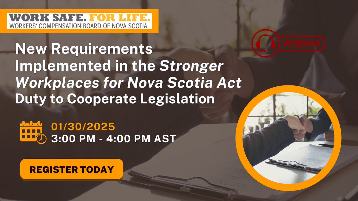 💻 Join WCB Nova Scotia's webinar on January 30, 2025 from 3:00 – 4:00 p.m. AST! Learn about Duty to Cooperate legislation and its impact on the return-to-work process.

Register now: bit.ly/4aqyDYV.

#NovaScotia #WCB #RTW #Workers #Employers #strongerworkplaces