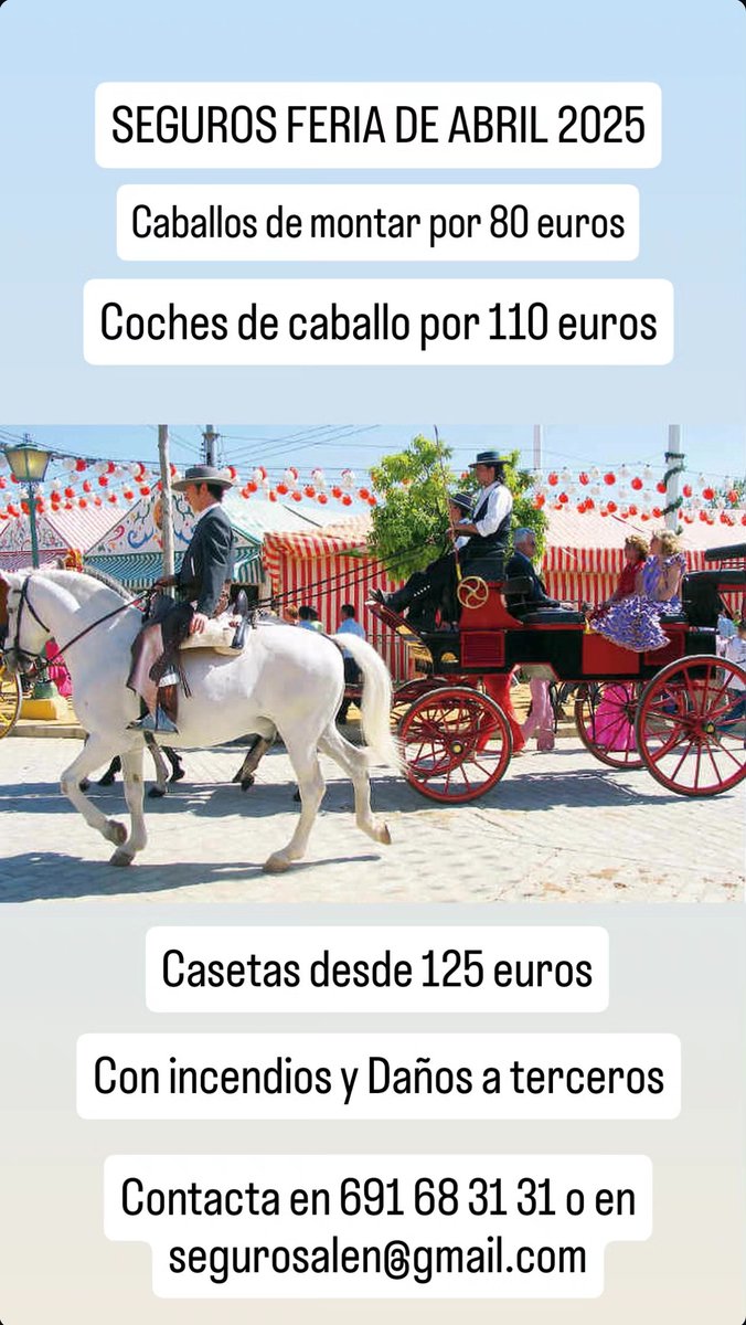 pabloalen77's tweet photo. SEGUROS PARA FERIA DE ABRIL 2025

Coches de caballo por sólo 110 €.
Caballos desde 80,00 € y Casetas desde 125 €, asegurando daños por incendios y Responsabilidad Civil (daños a terceros).

Ponte en contacto con nosotros y tramitaremos tu solicitud con la mayor agilidad. https://t.co/8RiijfURs4