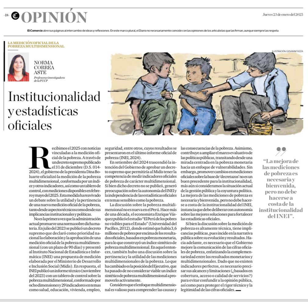 🇵🇪 La mejora de las mediciones de pobreza es necesaria y bienvenida, pero no debe hacerse a costa de la institucionalidad del INEI. Promover cambios en mediciones oficiales sobre la base de ‘decretazos’ no es un buen precedente para la institucionalidad. Comparto mi columna 👇🏼