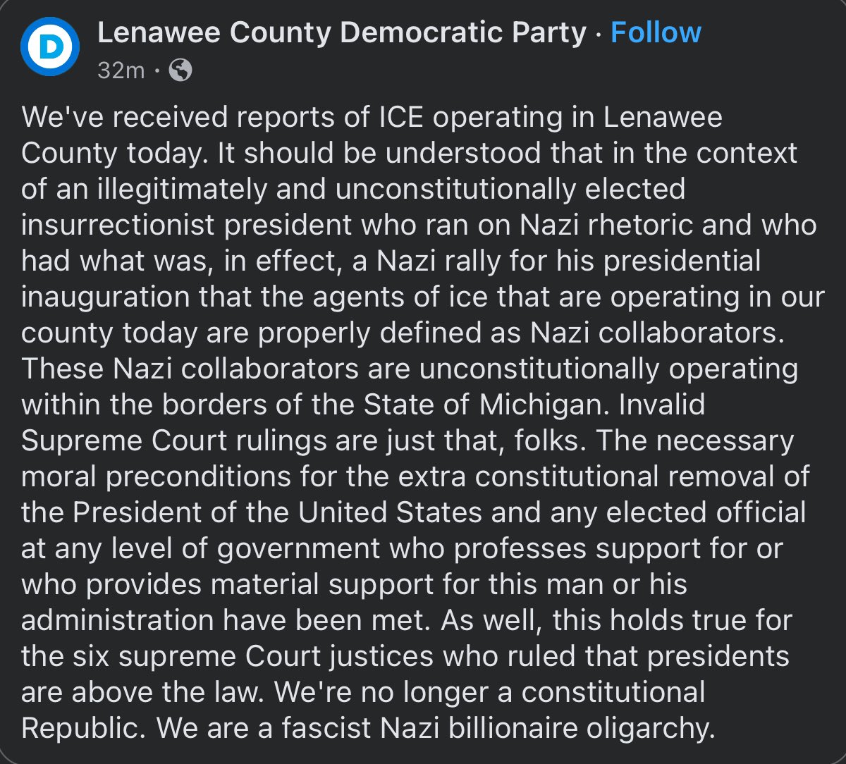 realFollowDon's tweet photo. “TDS”
Lenawee County, Michigan
ICE is operating in Lenawee County today and Lenawee County Democratic Party issues a statement… 🤣 @FoxNews @realDonaldTrump @DonaldJTrumpJr @DanScavino @OANN @NEWSMAX @charliekirk11 @RealCandaceO @marcorubio @elonmusk https://t.co/8y979DjHUc