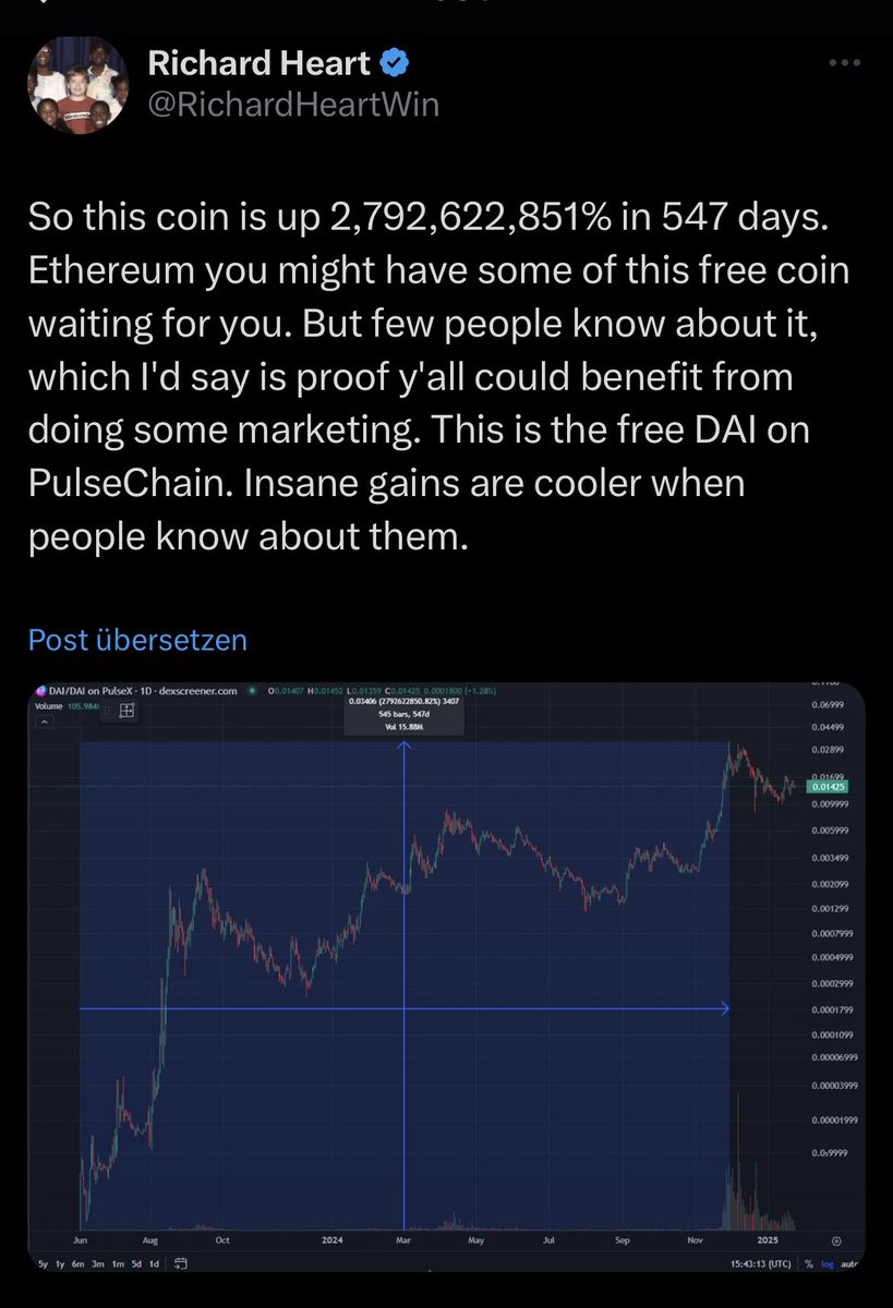 pulsevisionus's tweet photo. Richard Heart hat gerade die pDai Kopie erwähnt die aktuell bei 0,014$ liegt. 
Bis zu 1$ sind es noch 71 x .
Es ist sehr wahrscheinlich das Richard pDai auf 1$ pushen wird und Krypto revolutioniert. Damit einhergehend wird wBtc auch auf Preisparität gehen.

$PLS $PLSX $HEX https://t.co/Ac5sVjlWqn