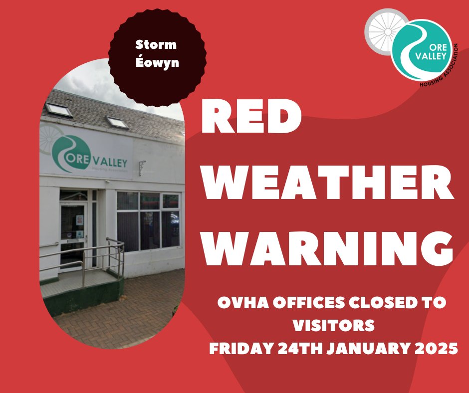 Due to expected disruptions from the Red Weather Warning for high winds tomorrow, our Cardenden office will be closed to visitors. Phone lines remain open (9am-5pm) at 01592 721 917. We’ll reopen on Monday, January 27th at 9am. Stay safe! 💨 #WeatherWarning #StaySafe
