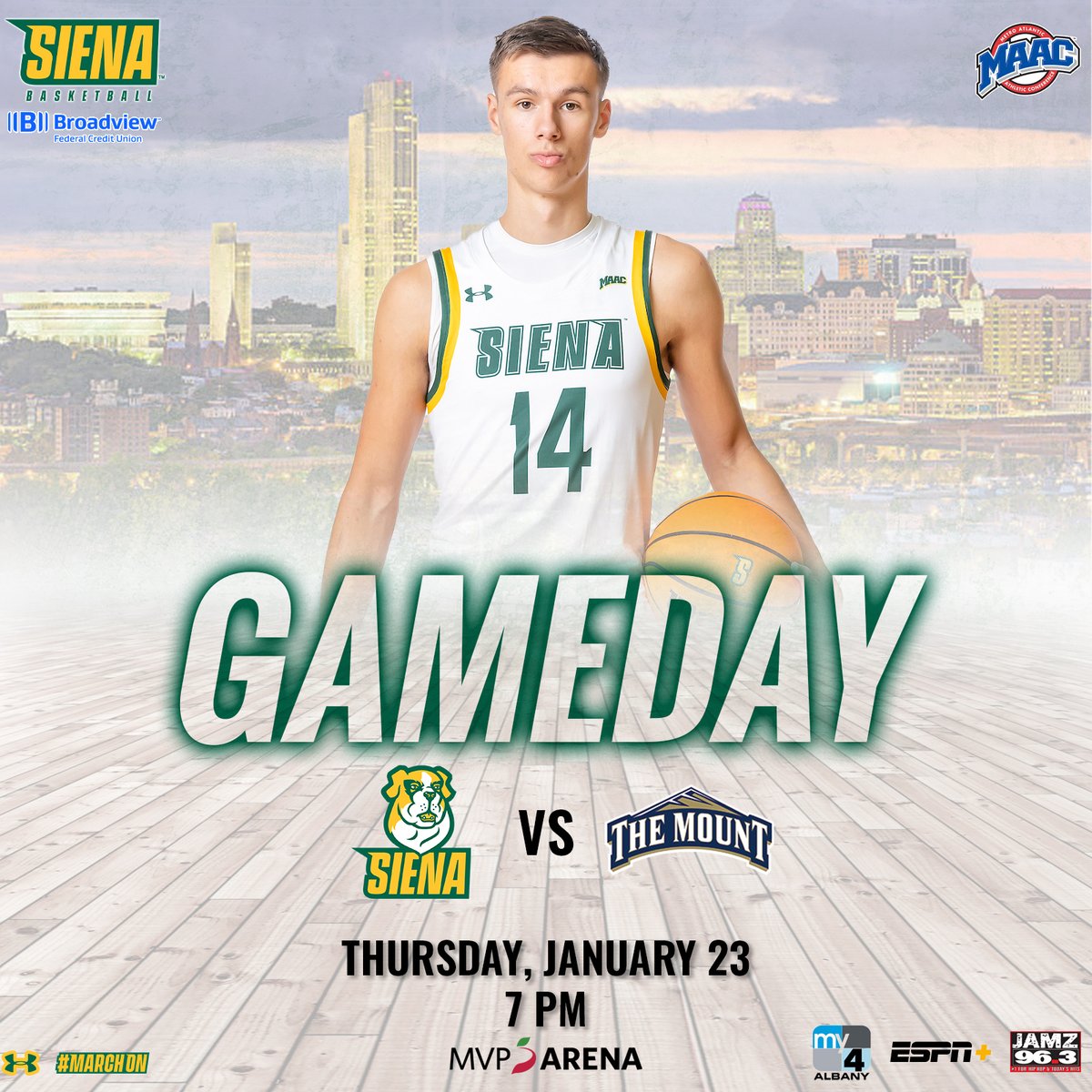 SienaSaints's tweet photo. 🏀 Ready to attack Moving Weekend in the MAAC

A matchup with Mount St. Mary's awaits @SienaMBB tonight at 7⃣PM at @TheMVPArena 

🎟️ https://t.co/JViQ9aVBXZ
📰 https://t.co/nZzGfkCDT5

#MarchOn x #SienaSaints x #MAACHoops x #NCAAM https://t.co/WnxPg51RT2
