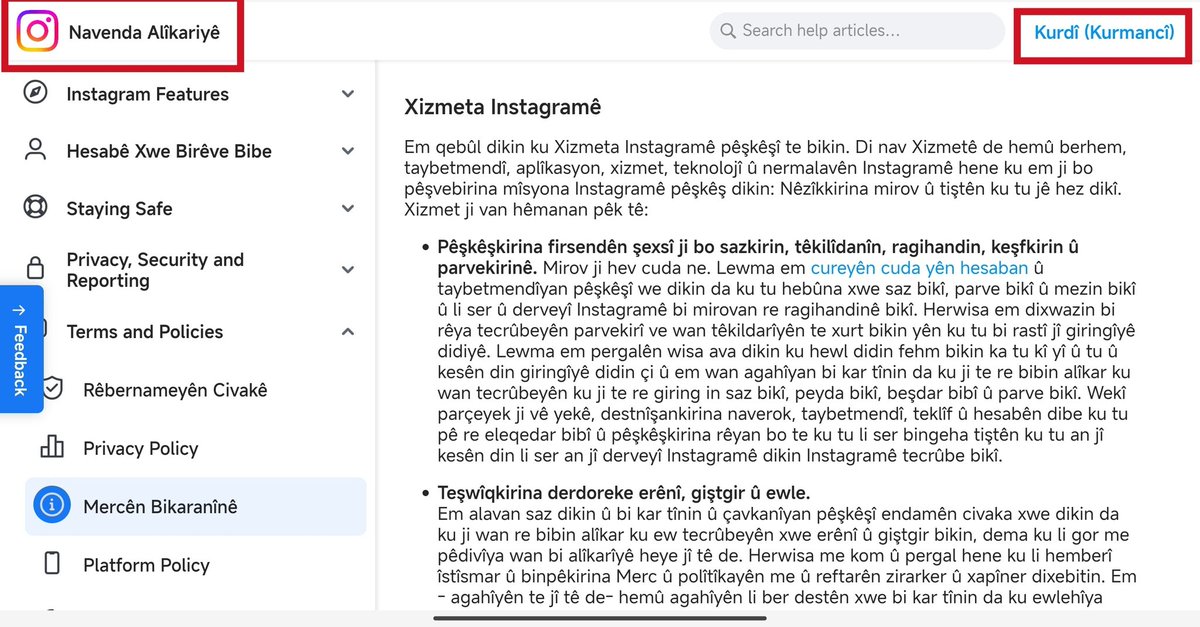 Şîrketa Metayê, piştî polîtîka û rêbernameyên civakê yên xizmeta xwe ya Facebookê êdî yên Instagramê jî werdigerîne kurdî.

Tê çaverêkirin ku kurdî piştî Facebookê, îsal li Instagram û WhatsAppê jî bê zêdekirin.
Em spasiya <a href="/instagram/">Instagram</a> <a href="/WhatsApp/">WhatsApp</a> <a href="/Meta/">Meta</a>'yê dikin.
#Kurdish