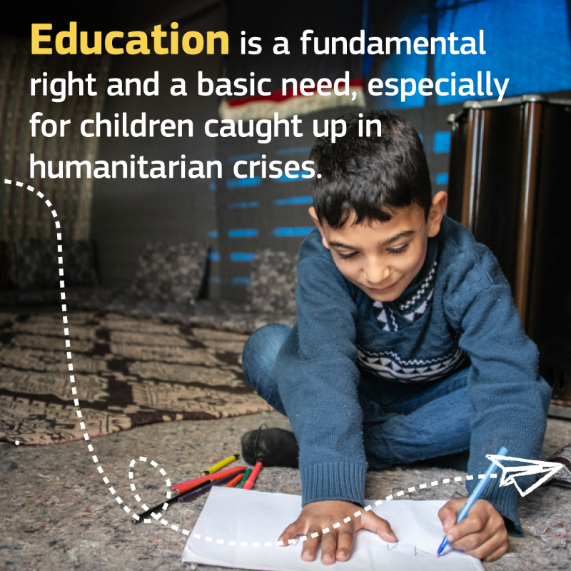 eu_echo's tweet photo. Our #EducationDay message is crystal clear: education is a fundamental human right.

This is why we support programmes that enable children in crisis to learn, grow, and fulfil their potential. ✍️💙