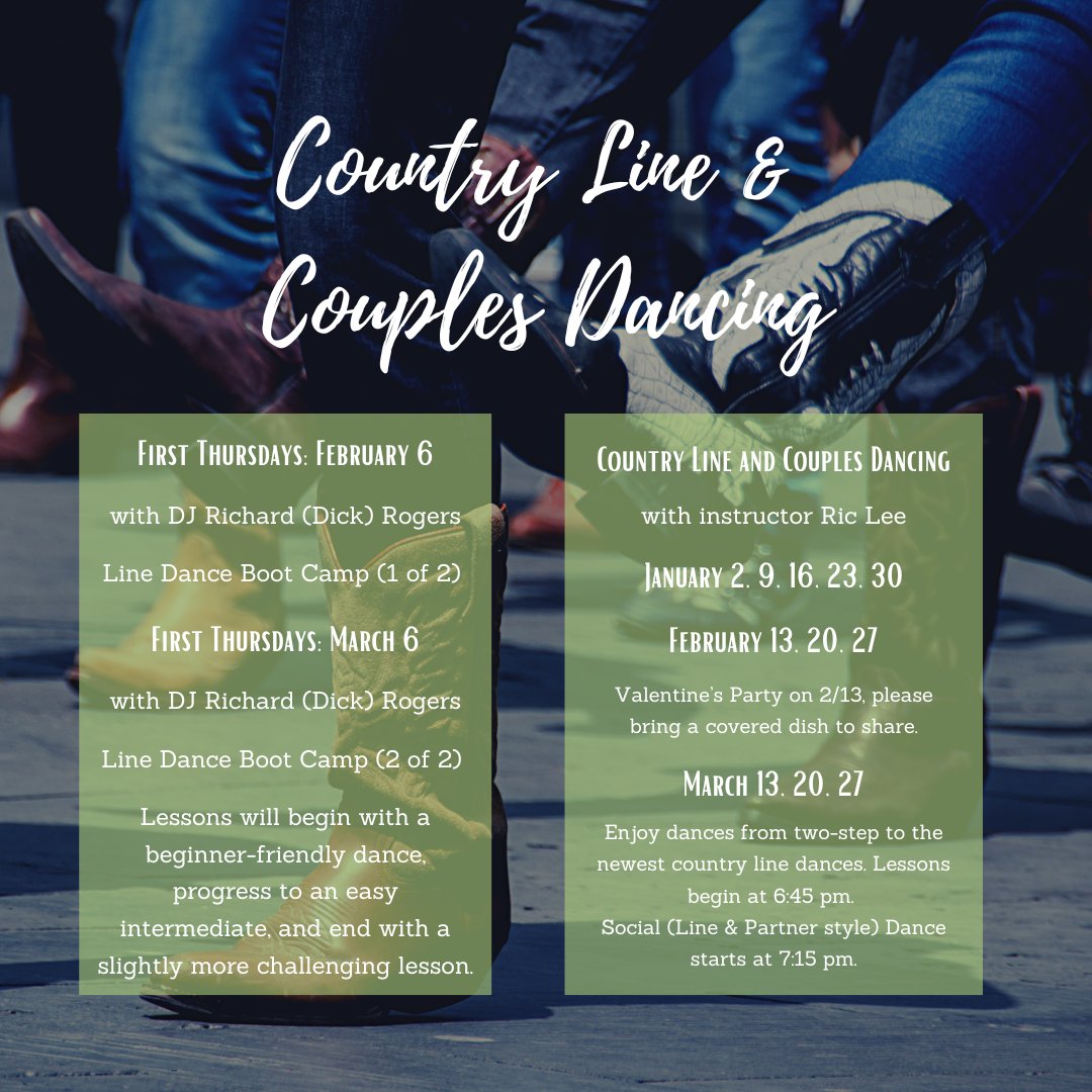 The spring schedule for Country Line &amp; Couples Dancing at Thataways Youth Center is out! 💃🕺
First Thursdays is back in 2 weeks with Line Dancing Boot Camp. 🎶🪩🎵