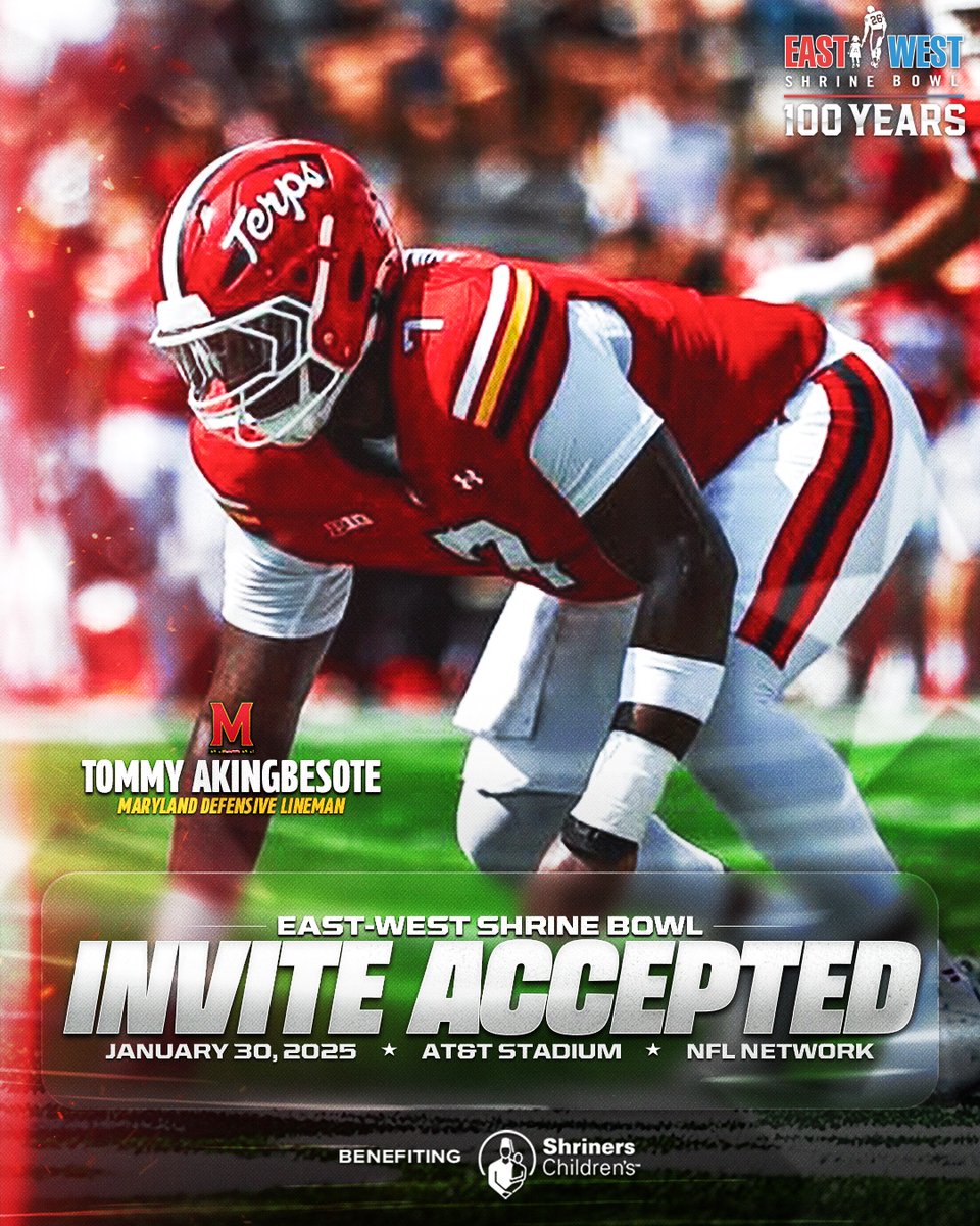 East-West Shrine Bowl (@shrinebowl) on Twitter photo Game changer 💥
DL Tommy Akingbesote (<a href="/famousstommm/">TOMMY AKINGBESOTE</a>) from <a href="/TerpsFootball/">Maryland Football</a> has officially accepted his invite to the 100th East-West #ShrineBowl!
#TBIA | #ShrineBowlWHOSNEXT 😎 Game changer 💥
DL Tommy Akingbesote (<a href="/famousstommm/">TOMMY AKINGBESOTE</a>) from <a href="/TerpsFootball/">Maryland Football</a> has officially accepted his invite to the 100th East-West #ShrineBowl!
#TBIA | #ShrineBowlWHOSNEXT 😎