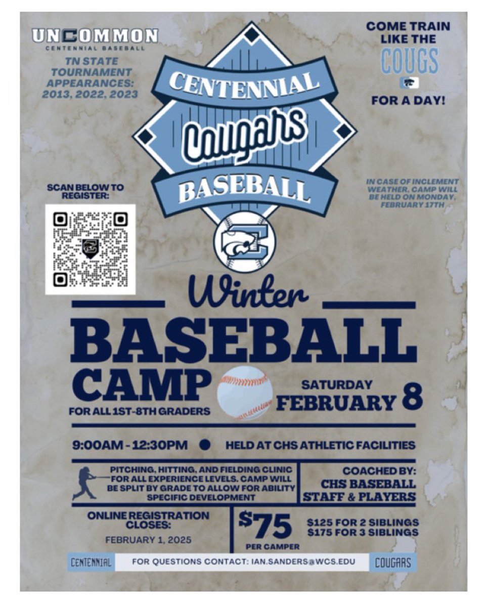 🔹Last Chance to Register 🔹
Attention parents of 1st-8th graders - the CHS annual Winter Baseball Camp is taking place on February 8th! Don’t miss it - Register today: gofan.co/event/2008080