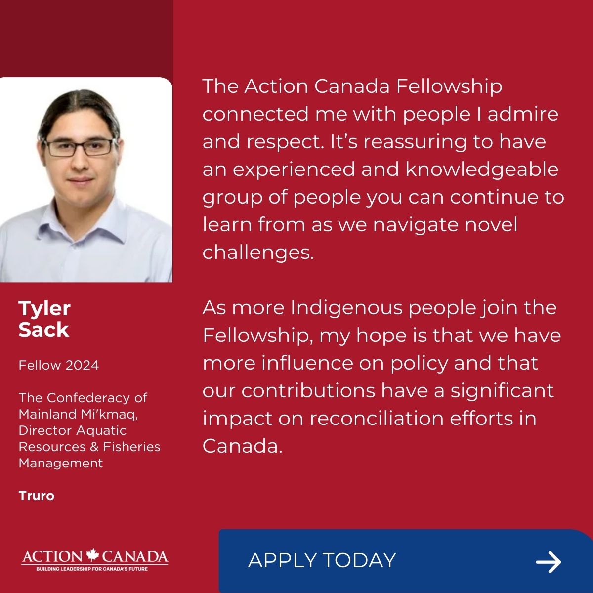 actioncanada's tweet image. Action Canada Fellow @TylerWSack views the 10-month program as an opportunity for emerging leaders to forge connections with established thinkers, doers and decision-makers, while advancing Indigenous contributions to policy. 

#careeropportunities #leadership #careers
