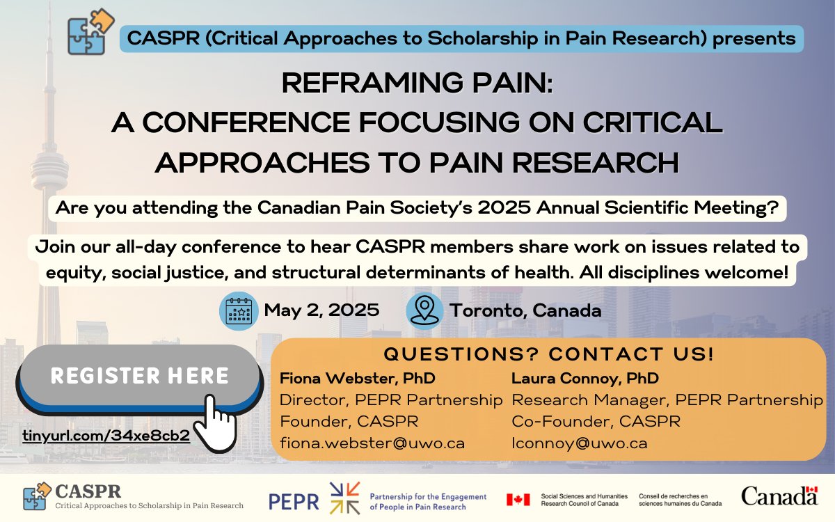 PEPR-Partnership (@peprpartnership) on Twitter photo CASPR (Critical Approaches to Scholarship in Pain Research) invites you to a one-day conference during <a href="/CanadianPain/">Canadian Pain Society</a> ASM, May 2 in Toronto. All disciplines welcome! An agenda will be shared shortly. Register here: tinyurl.com/34xe8cb2
#PeprPartnership #CriticalPainScholarship CASPR (Critical Approaches to Scholarship in Pain Research) invites you to a one-day conference during <a href="/CanadianPain/">Canadian Pain Society</a> ASM, May 2 in Toronto. All disciplines welcome! An agenda will be shared shortly. Register here: tinyurl.com/34xe8cb2
#PeprPartnership #CriticalPainScholarship