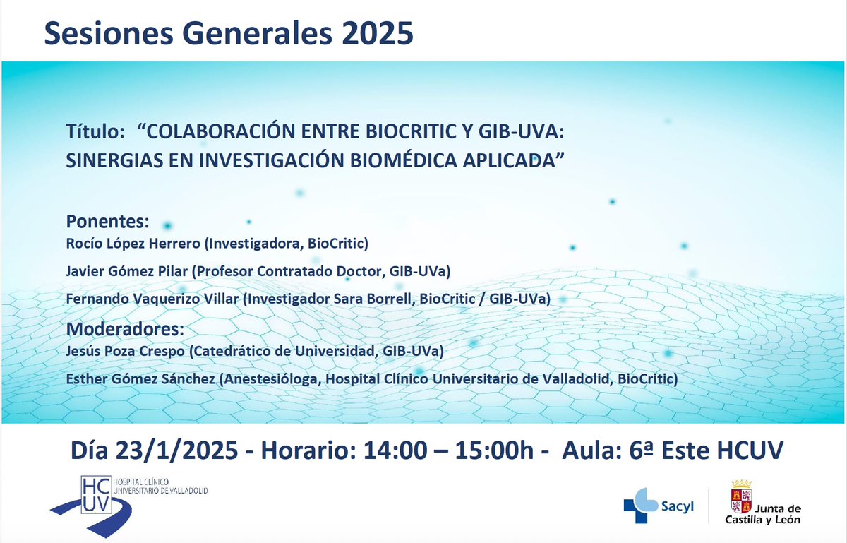 Grado en Ingeniería Biomédica (UVa) (@gradoib_uva) on Twitter photo En la sesión general del Hospital Clínico, hoy se han presentado las sinergias entre <a href="/GIB_UVa/">Biomedical Engineering Group</a> y <a href="/bio_critic/">BioCritic</a>. Se ha mostrado el potencial que puede tener la colaboración entre el Grado/Máster en #IngenieríaBiomédica y los servicios del hospital. <a href="/AnestesiaHCUV/">ANESTESIA HCUV</a> En la sesión general del Hospital Clínico, hoy se han presentado las sinergias entre <a href="/GIB_UVa/">Biomedical Engineering Group</a> y <a href="/bio_critic/">BioCritic</a>. Se ha mostrado el potencial que puede tener la colaboración entre el Grado/Máster en #IngenieríaBiomédica y los servicios del hospital. <a href="/AnestesiaHCUV/">ANESTESIA HCUV</a>