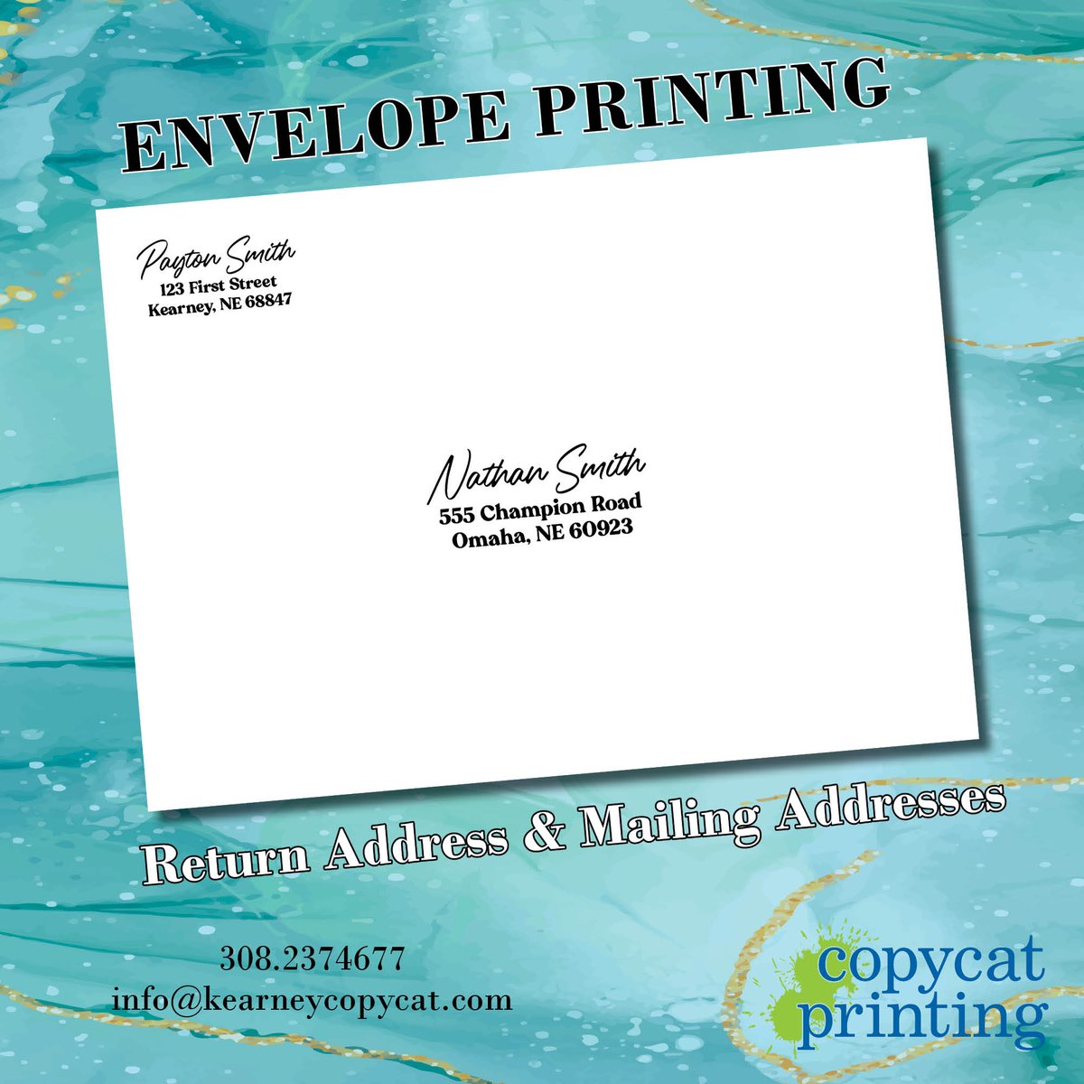 Did you know Copycat Printing can print on envelopes? Not only can we add your return address, we can print the mailing addresses. 
Making it quick and easy to get your invite on it's way! ✉️

Just ask us how!