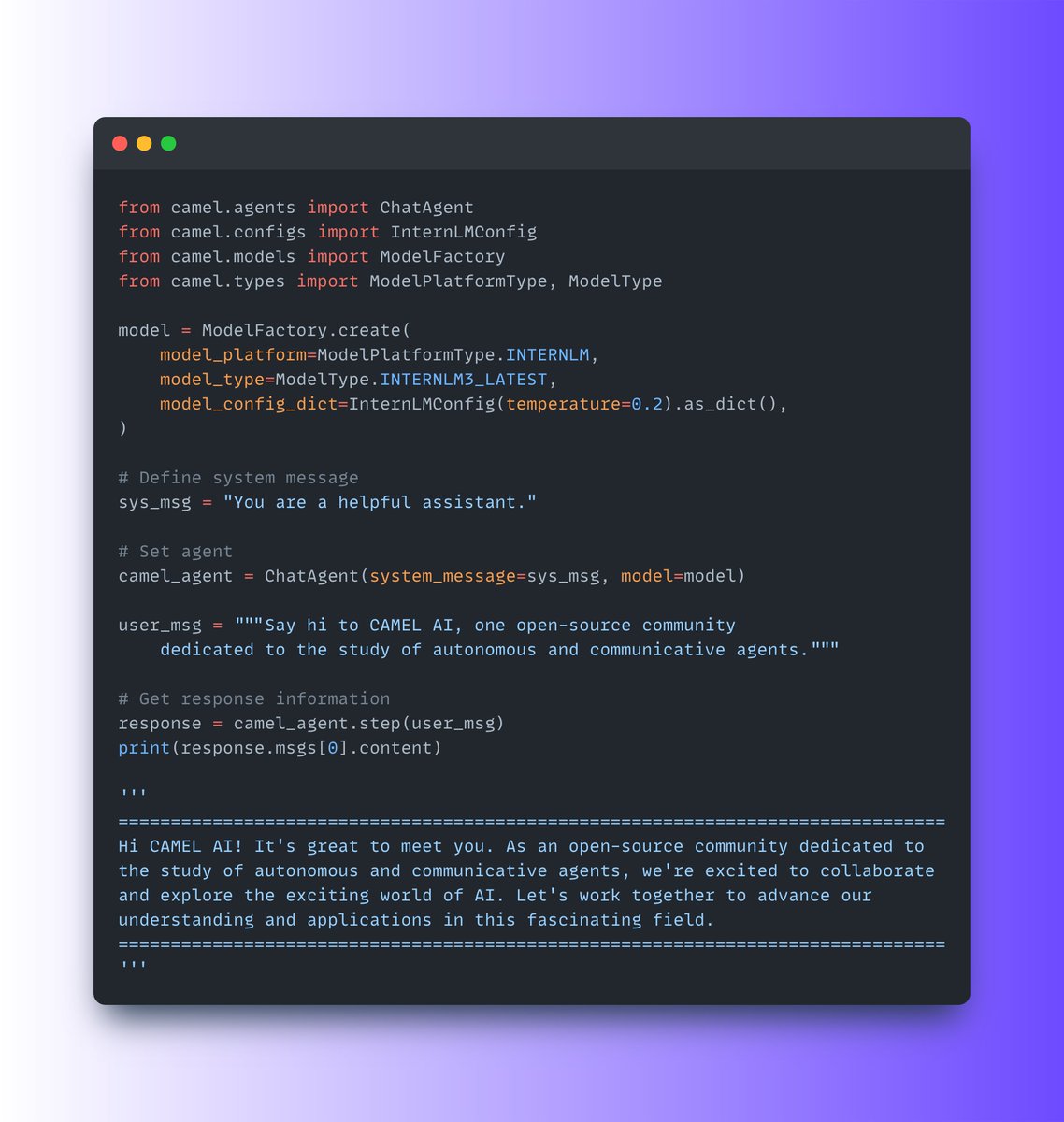 📢 We've just integrated InternLM's models into the 🐫 CAMEL-AI framework!

InternLM is a multilingual, multi-billion-parameter base model trained on trillions of tokens, and we now support their whole family of models. 🚀

Newly Supported Models: 
✅ internlm3-latest 
✅