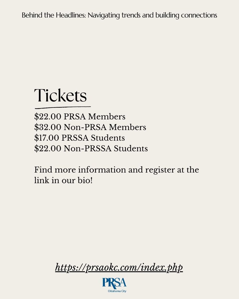 Join us for the PRSA January Luncheon! 

Explore trending media tips and tricks and build valuable connections. 

Register here: prsaokc.com/meetinginfo.ph…