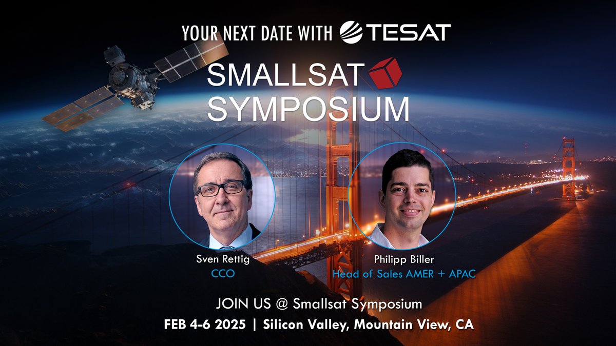 TesatSpacecom's tweet photo. π Excited for #Smallsat #Symposium in Mountain View, CA! Curious about #MultiOrbitConnectivity & #OpticalCommunications? Join Sven Rettig & Philipp Biller to explore how TESAT is revolutionizing satellite communications. Letβs connect & shape the future together! π°οΈ https://t.co/urDTjkv0CZ