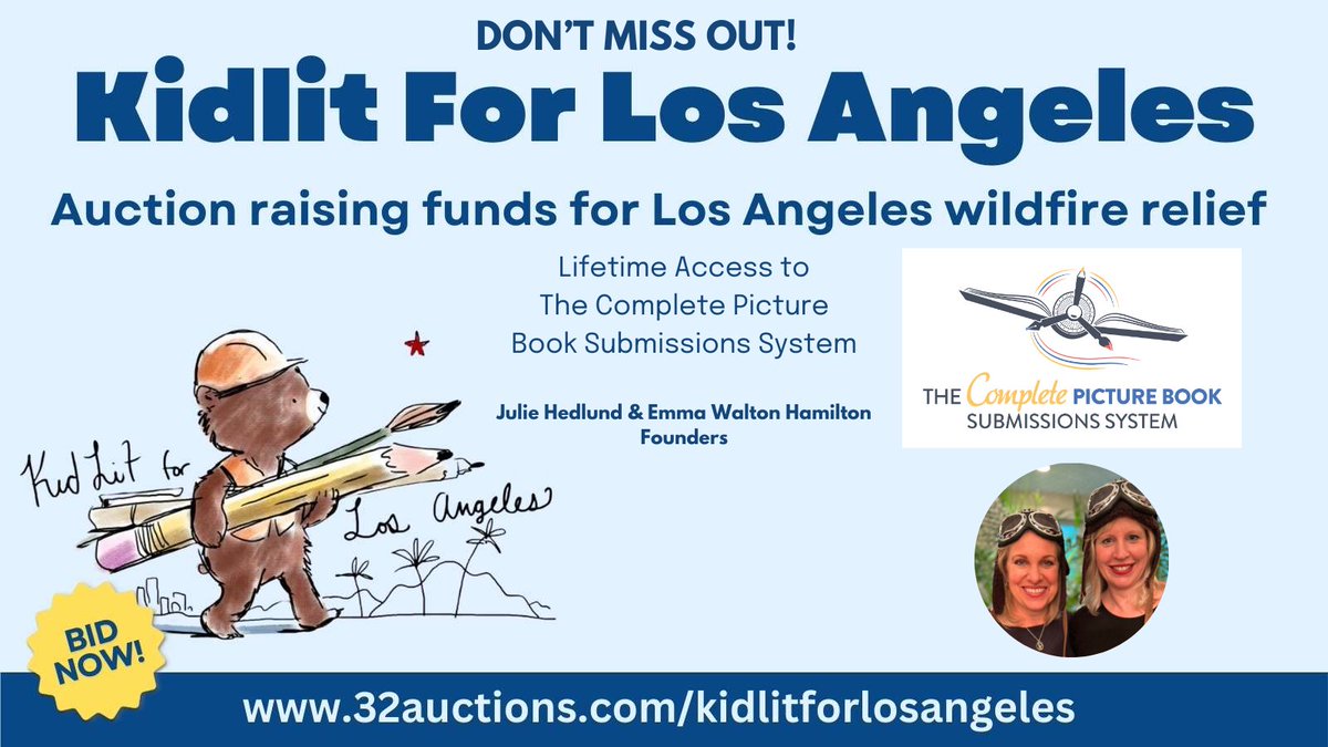We are pleased to join #kidlitforlosangeles and donate Lifetime access to The Complete Picture Book Submissions System to benefit those impacted by the fires in Los Angeles area. Bid today at 32auctions.com/kidlitforlosan…

#kidlitforla #picturebooks #amquerying