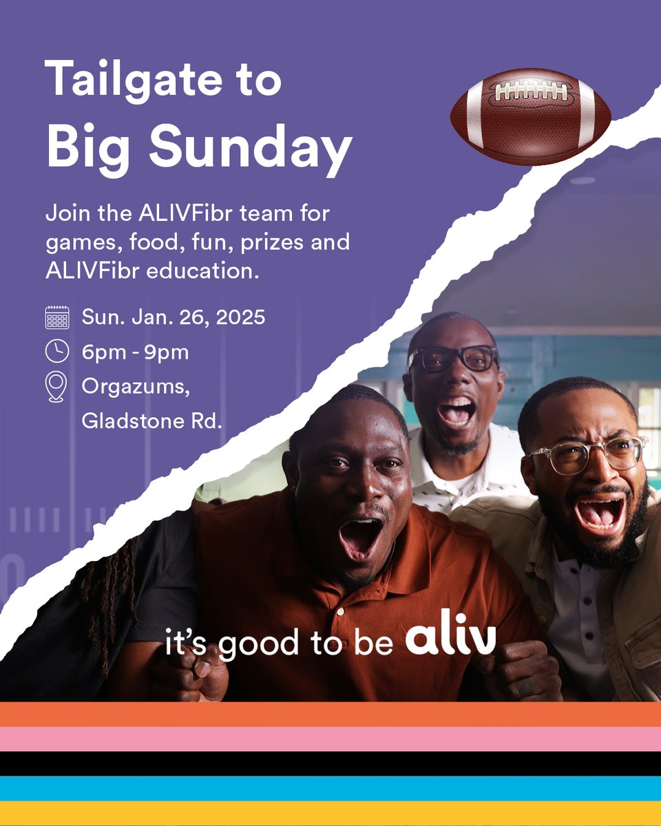 Get ready to touchdown with the ALIVFibr Team this Sunday at an epic tailgate to #SuperBowlLIX 🏈 

Gather the family and join us, or tune in to our Facebook LIVE between 6 and 9pm to participate in the fun! 

#ALIVFibr #SundayTailgate #ItsgoodtobeALIV