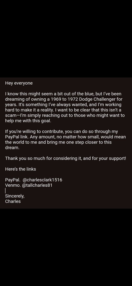 CharlesMopars's tweet photo. Can't hurt to ask for help if not it's fine #cars #mopar #paypal #helpinghands  #dodge #LetsGoX https://t.co/GQns4SubRI