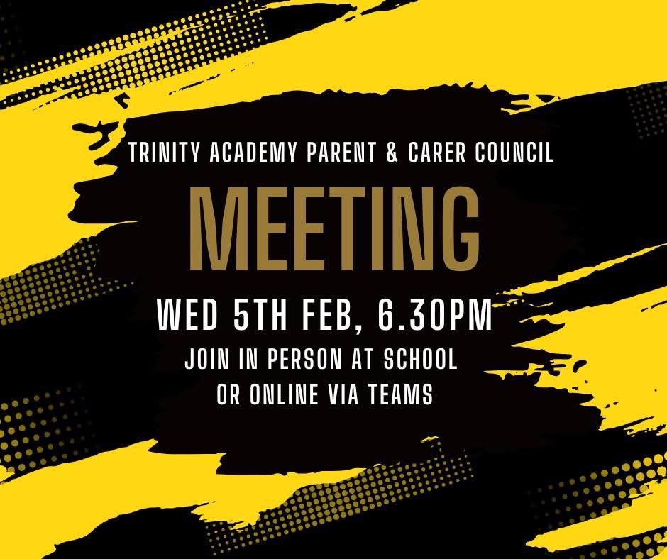 Our first meeting of the year is on Wed 5th Feb at 6.30pm. All Trinity Academy parents and carers welcome.