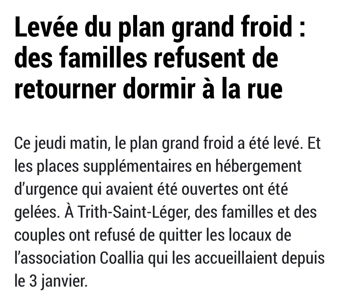 Il faut mesurer le courage de ces dizaines de familles sans-abri qui ont aujd résisté à leur expulsion à Valenciennes et Mons-en-Baroeul, dénonçant le cynisme du Plan Grand Froid qui consiste à faire croire qu’il devient supportable de dormir à la rue 11 mois sur 12.