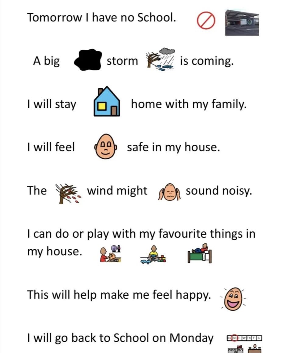 MissCarswell10's tweet photo. Parents.. a useful social story to share with any children who might struggle with tomorrow’s school closure @HareleeshillPS https://t.co/TPrJXR74SU