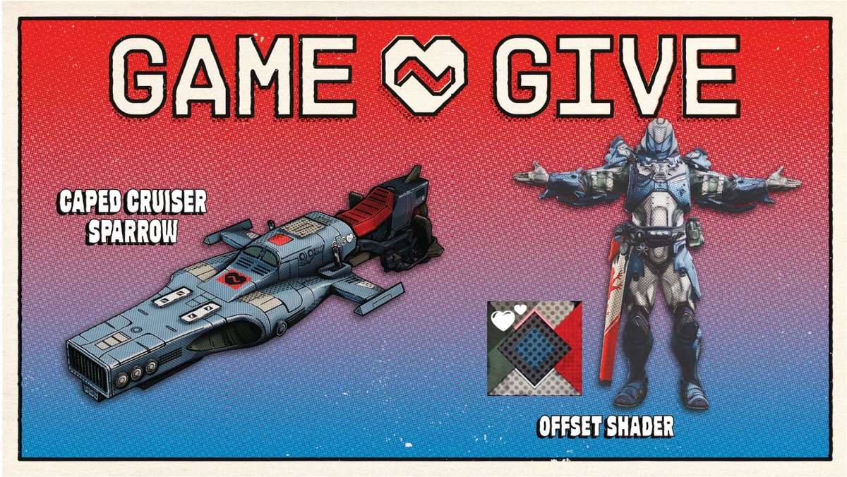 D2LostSector's tweet photo. Our #Game2Give page is live, raising money for the kids 🫶 

- Caped Cruiser sparrow &amp; Offset shader - $25
- Dark Hero emblem - $25
- Maximum Heart Emote - $25
- Vaulted Emblems - $7 each

Highest donor at end of campaign gets a Heartfelt Crackle emblem.

https://t.co/ArTJkBTIRX https://t.co/ssPEFFmMZx