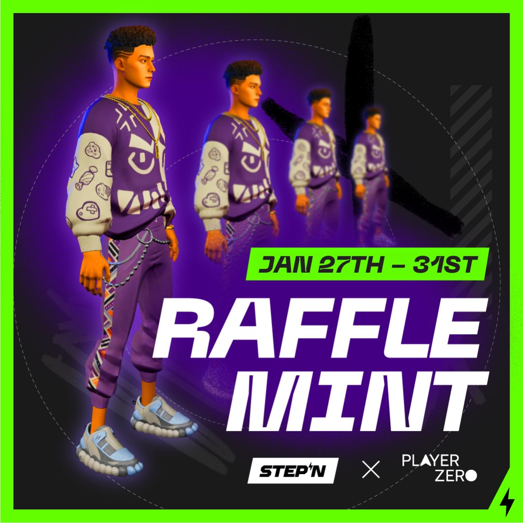 STEPN x Ready Player Me Raffle Mint! 🎟️ 💎

📅 January 27th - January 31st

Ready Player Me is the ultimate metaverse platform, connecting your digital identity to hundreds of games, apps, and virtual worlds. 🌐 ✨ 

With this collab, you’ll own wearables that don’t just look