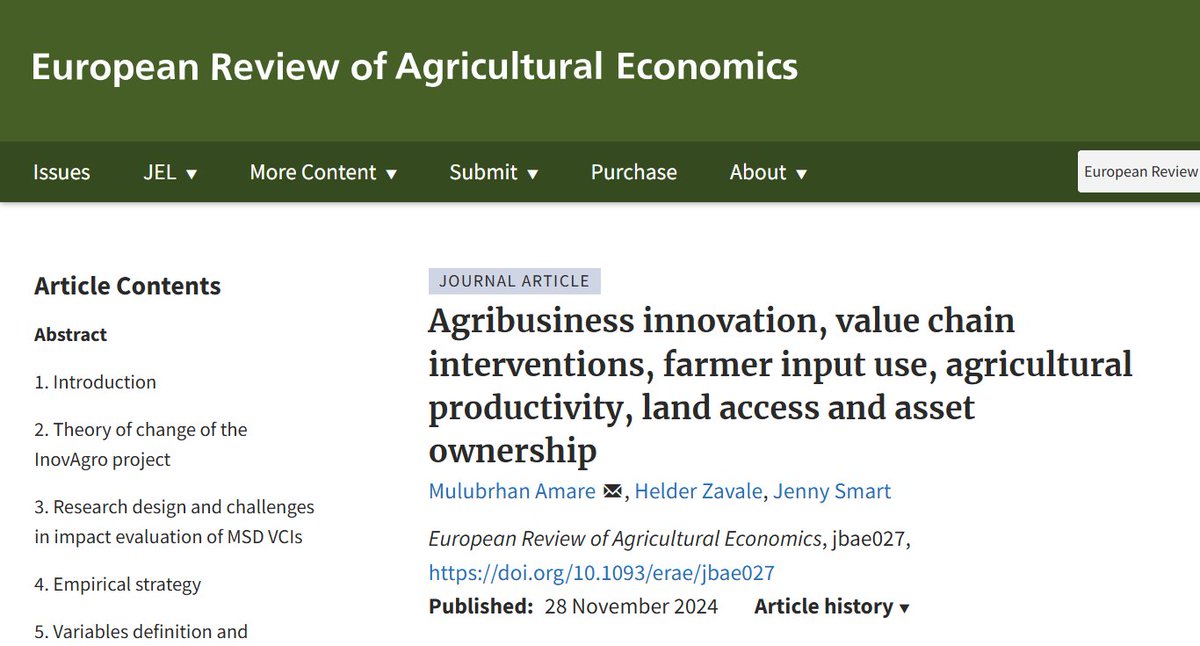 🆕 🗞️ Agribusiness innovation, value chain interventions, farmer input use, agricultural productivity, land access and asset ownership

🖊️ By <a href="/A_Mulubrhan/">Mulubrhan Amare</a>, Helder Zavale, and <a href="/Jennife12489525/">Jenny Smart</a>.

🔗 lnkd.in/eyr3Fr48

🤝 Swiss Agency for Development and Cooperation <a href="/CGIAR/">CGIAR</a>