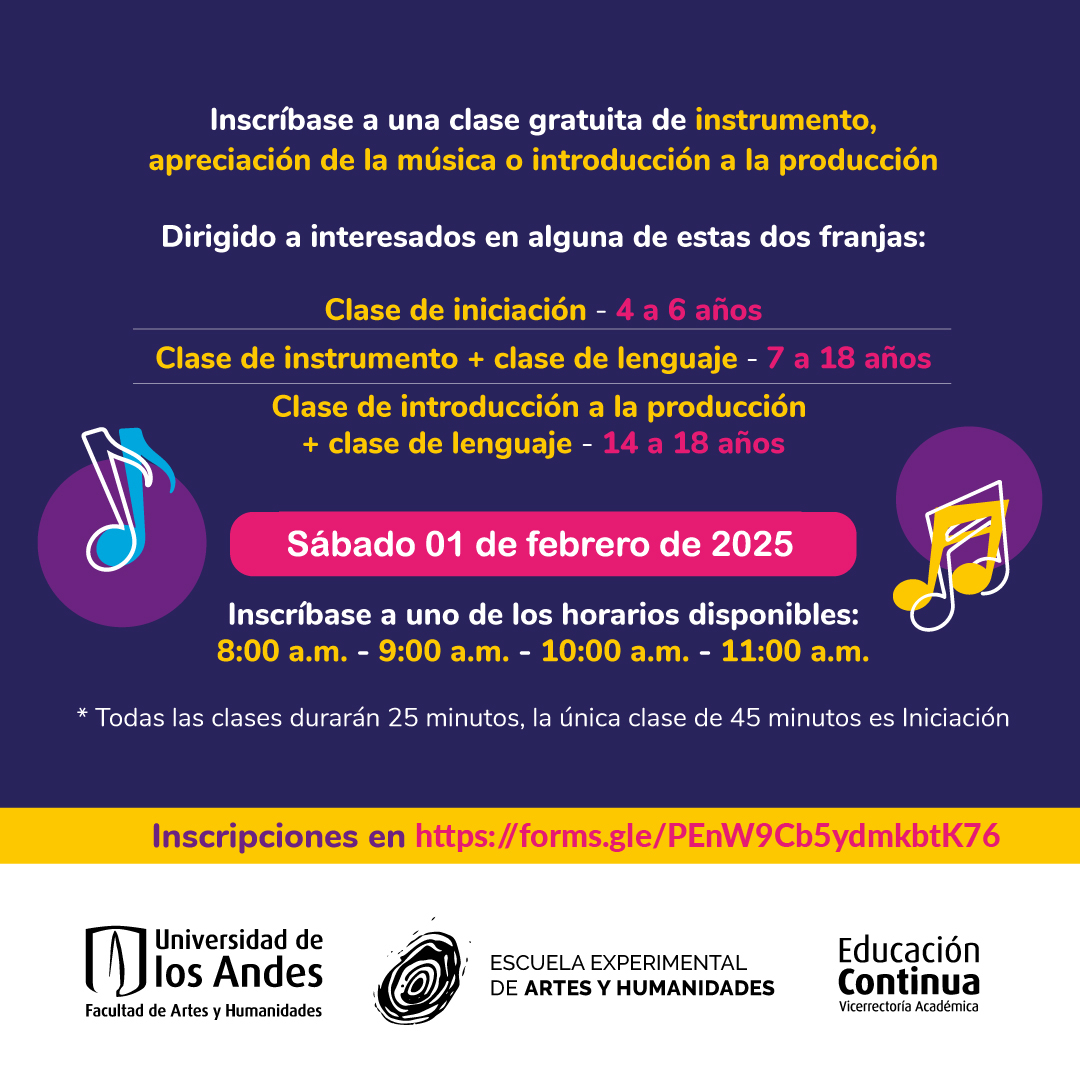 ¡Música y diversión! 🎶 Este sábado 1 de febrero, tus hijos(as) tienen una cita con la música, en la que podrán dejarse llevar por el ritmo. 🥁

🎼 Inscríbelos en el formulario: n9.cl/ofxwn

@ArtesUniandes
  #NiñosYJóvenes #IniciaciónMusical