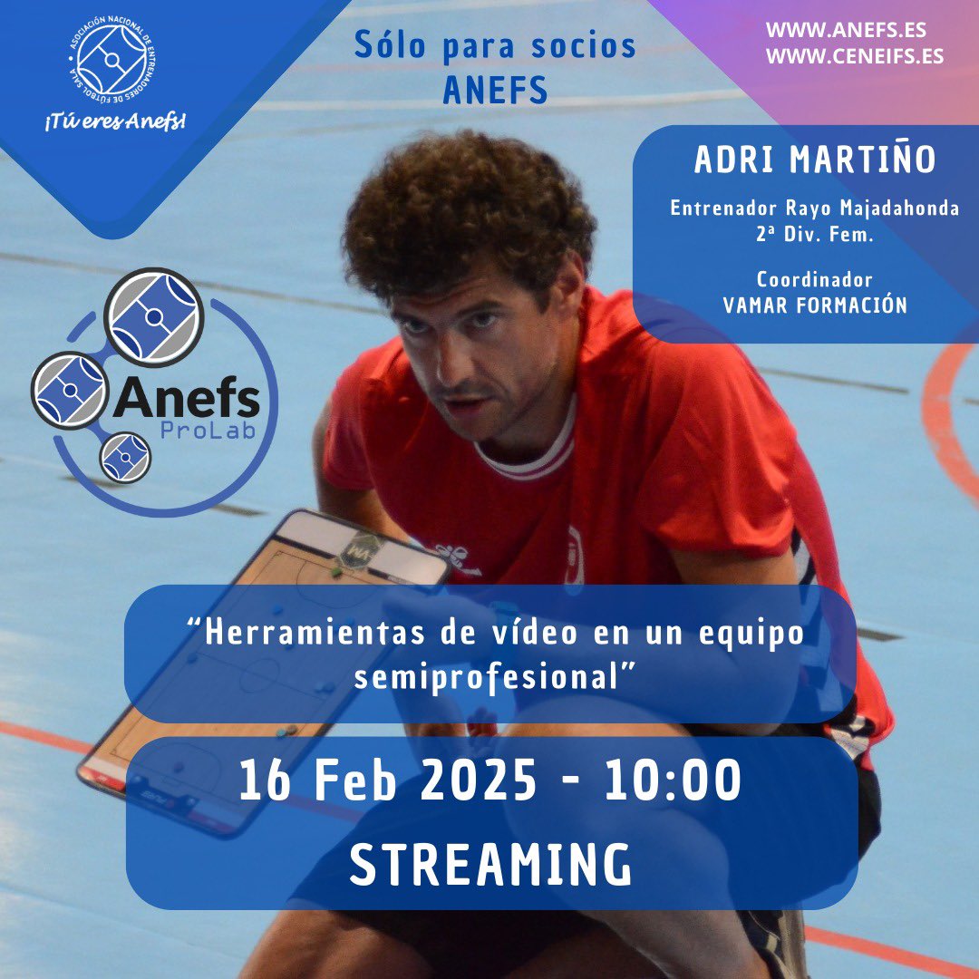 Anefs's tweet photo. 🎥 ANEFS ProLab | 16 feb 2025 - 10:00

📢 @adri_martino (Rayo Majadahonda, 2ª Div. Fem. y @vamarformacion ) nos hablará sobre:
“Herramientas de vídeo en un equipo semiprofesional”

📍 Streaming | Exclusivo socios/as ANEFS
🌐 Inscripciones: https://t.co/GmC0GfzRfV

#ANEFSProLab https://t.co/uCzCbUw5vL