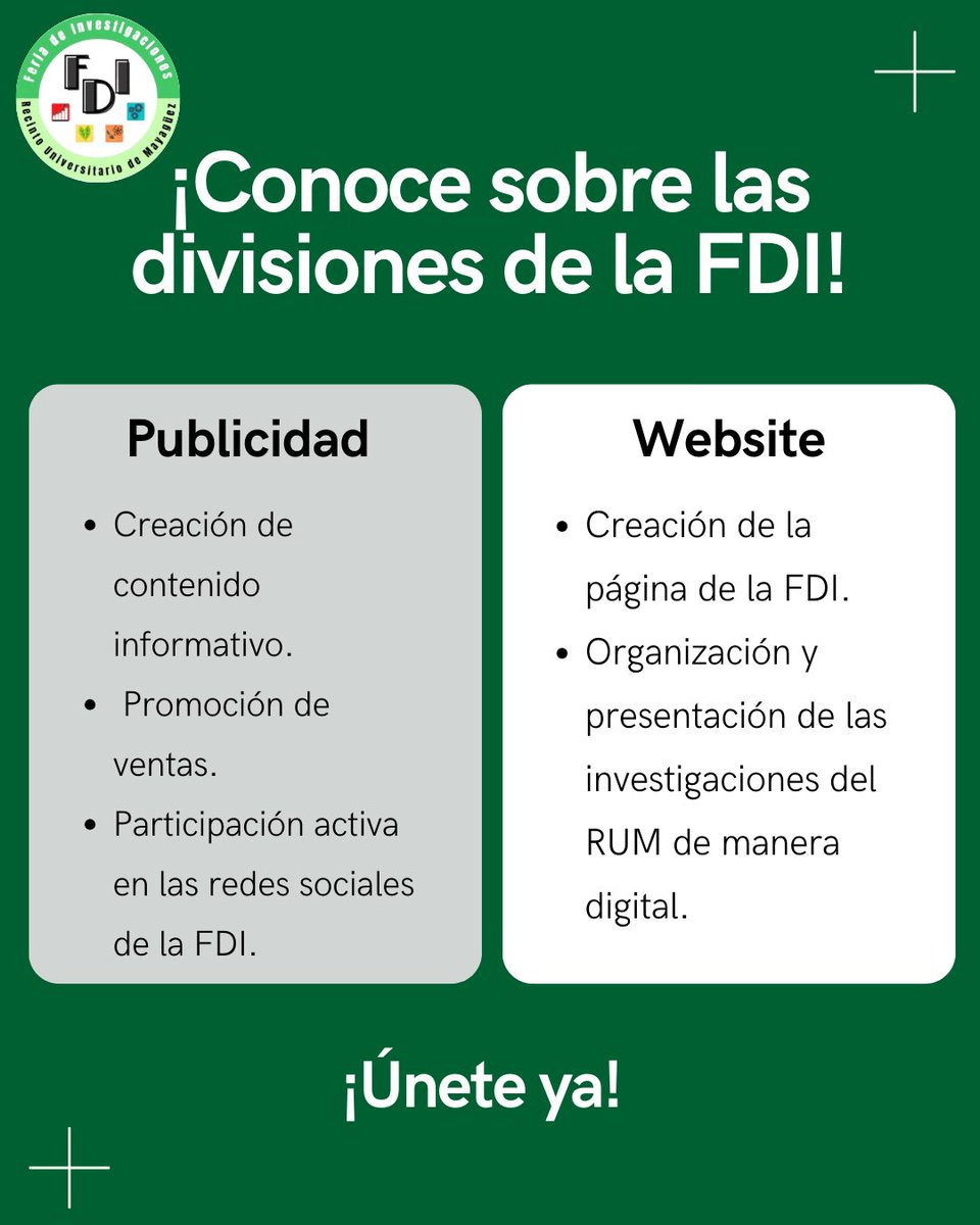 FDI_UPRM's tweet photo. ¿Sabías que la FDI se divide en 4 divisiones? 🧐

Como miembro de la FDI puedes formar parte de nuestras divisiones y participar activamente del desarrollo del evento. 🔬

El participar de nuestras divisiones te abre puertas de crecimiento. ¿Qué esperas? ¡Forma parte de la FDI!💚 https://t.co/z5ytewaH4g