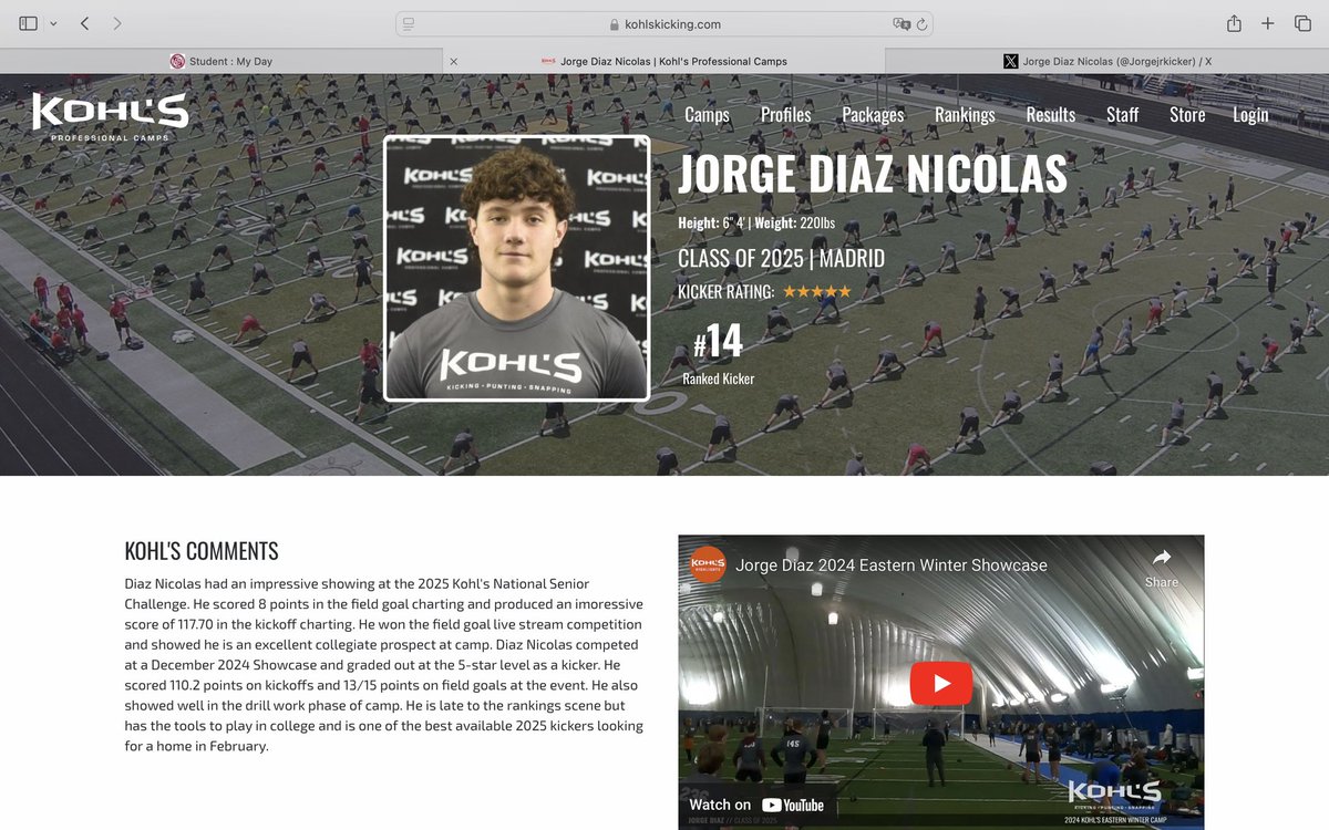 Jorge Diaz Nicolas (@jorgejrkicker) on Twitter photo After a great Senior/Transfers showcase in Texas I was ranked the 14 in the country!
<a href="/KohlsHighlights/">Kicking, Punting, Long Snapping Highlights</a> <a href="/StJamesSaintsFB/">St. James School Saints Football</a> <a href="/BretCulbertson/">Bret Culbertson</a> <a href="/Mr_Bay_County/">E Meeks</a> <a href="/coachjthomas11/">James Thomas Jr</a> <a href="/CoachJCros/">Jeff Crosby</a> <a href="/coachBrian_Egan/">Brian Egan</a> <a href="/DeeWolford/">Coach Dee Wolford</a> <a href="/Mr_Bay_County/">E Meeks</a> <a href="/CoachPonderSJS/">Colin Ponder</a> <a href="/Rocco_DiMeco/">Rocco DiMeco</a> <a href="/Coach_Deak/">Doug Deakin</a> <a href="/CoachKrutsch/">Alex Krutsch</a> After a great Senior/Transfers showcase in Texas I was ranked the 14 in the country!
<a href="/KohlsHighlights/">Kicking, Punting, Long Snapping Highlights</a> <a href="/StJamesSaintsFB/">St. James School Saints Football</a> <a href="/BretCulbertson/">Bret Culbertson</a> <a href="/Mr_Bay_County/">E Meeks</a> <a href="/coachjthomas11/">James Thomas Jr</a> <a href="/CoachJCros/">Jeff Crosby</a> <a href="/coachBrian_Egan/">Brian Egan</a> <a href="/DeeWolford/">Coach Dee Wolford</a> <a href="/Mr_Bay_County/">E Meeks</a> <a href="/CoachPonderSJS/">Colin Ponder</a> <a href="/Rocco_DiMeco/">Rocco DiMeco</a> <a href="/Coach_Deak/">Doug Deakin</a> <a href="/CoachKrutsch/">Alex Krutsch</a>