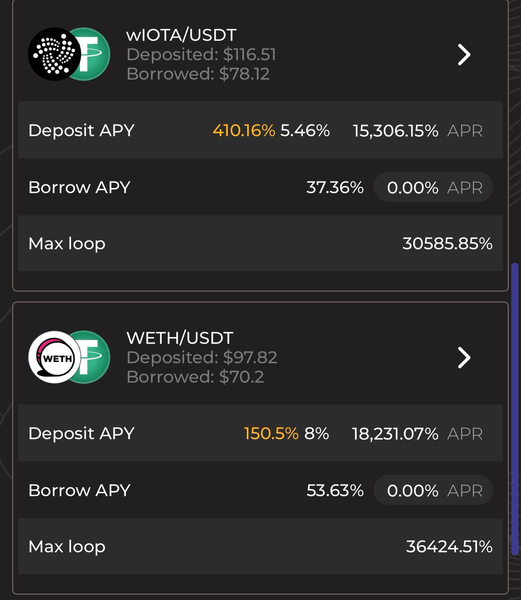 🚀 Introducing 2 New Markets on IoLend:

$WIOTA - $USDT WLP
$ETH - $USDT WLP

Earn a 30k+% APR on max loop while it’s still early!

Leverage into <a href="/wagmicom/">WAGMI</a> strategies, earn real yield, and stack additional $IOL emissions on top!