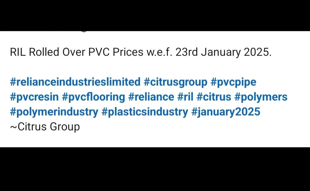 citrusgroup_in's tweet photo. RIL Rolled Over PVC Prices w.e.f. 23rd January 2025.
#relianceindustrieslimited #citrusgroup #pvcpipe #pvcresin #pvcflooring #reliance #ril #citrus #polymers #polymerindustry #plasticsindustry #january2025
~Citrus Group https://t.co/xmUL7i66hv