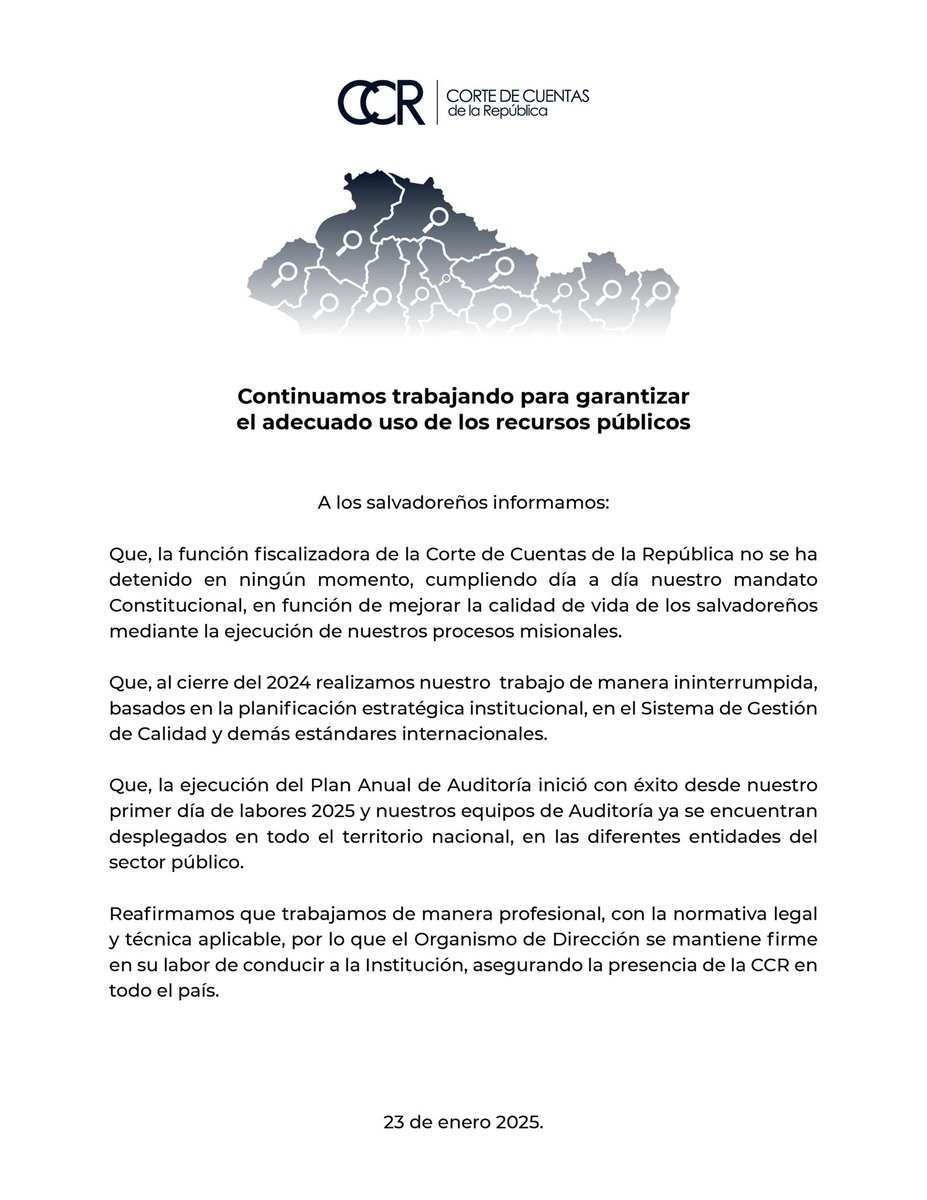 CortedeCuentas's tweet photo. 🚨 #ComunicadoOficial

La Corte de Cuentas de la República informa: https://t.co/Gw4nPzgXJL