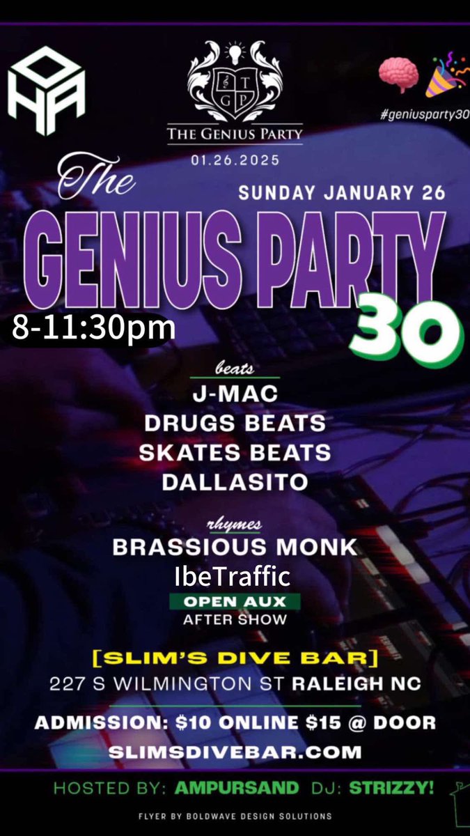 TheGeniusParty's tweet photo. Genius Party 30 is live from Slims THIS SUNDAY!! 🧠🎉

Pull up and enjoy dope beats by Skates Beats, Drugs Beats, J-Mac &amp; Dallasito!! Artists of the night will be Brassious Monk &amp; IBeTraffic!! You don’t want to miss this one! 

Show starts at 8 PM! Get your tickets below ⬇️ https://t.co/Jlg9OAOvO1