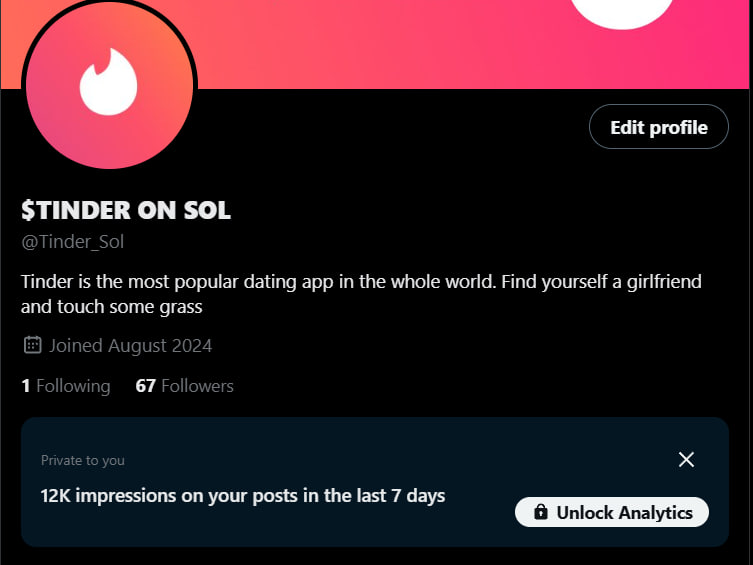 Tinder_Sol's tweet photo. We are getting hot on X, 12k Impressions for $TINDER is quite a great stats to share. Our Swipe journey has just began, keep Swiping and winning! https://t.co/tU7rrAm5Ja