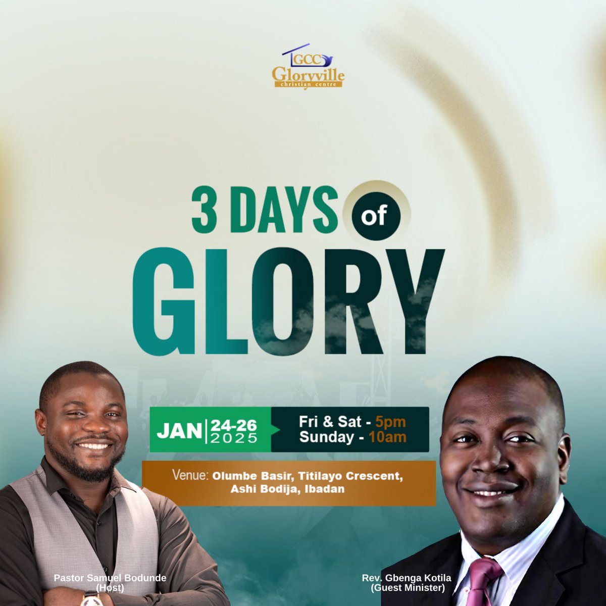 GCCIbadan's tweet photo. It is "3 Days of Glory" tomorrow!

The Lord has declared that every prayer we've prayed during our 21 days fasting &amp; prayer would be answered during these three days.

Join us during these 3 days; leave transformed, equipped for 2025

#3daysofglory #GCC #gloryvillechristiancentre https://t.co/nVCUEpauB8