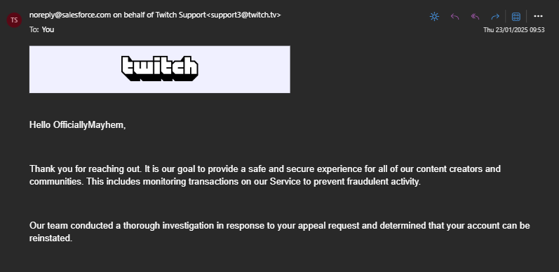 Its_Me_Mayhem's tweet photo. Officially Unbanned!💜
Thank you @TwitchSupport for going over my case again! Please continue to help those who are still in the same position I was in. Please contact me if you would like a list of people I know suffering the same fate.
Catch me here: https://t.co/SKsvHKy7Zd https://t.co/Yy5WvGhXtG