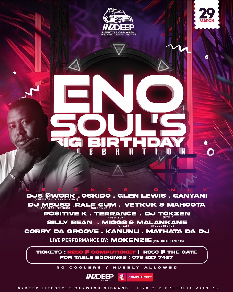 Gig Guide ๐ฟ๐ฆ (@gig_guide2) on Twitter photo <a href="/EnosoulIn2Deep/">#In2DeepVol9 out now!!</a> Don't miss out on the ultimate birthday celebration of the year! Get your tickets now and be part of the unforgettable Enosoul Big Birthday Celebration 2025!
Table Bookings : 0798277427
Feat: <a href="/VinnyDaVinci/">Vinny Da Vinci</a>
<a href="/djchristossa/">CHRISTOS KATSAITIS</a> <a href="/GlenLewisSA/">glenzito</a>
<a href="/RalfGUM/">Ralf GUM #Progressions</a> <a href="/DjSillybean/">DjSillybean</a> <a href="/EnosoulIn2Deep/">#In2DeepVol9 out now!!</a> Don't miss out on the ultimate birthday celebration of the year! Get your tickets now and be part of the unforgettable Enosoul Big Birthday Celebration 2025!
Table Bookings : 0798277427
Feat: <a href="/VinnyDaVinci/">Vinny Da Vinci</a>
<a href="/djchristossa/">CHRISTOS KATSAITIS</a> <a href="/GlenLewisSA/">glenzito</a>
<a href="/RalfGUM/">Ralf GUM #Progressions</a> <a href="/DjSillybean/">DjSillybean</a>