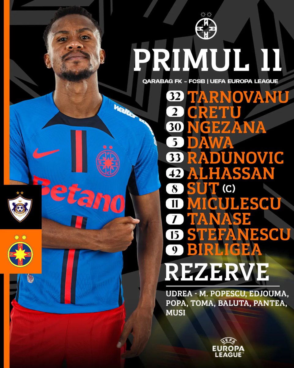 #UEL #QarabagFCSB 

Aceasta este echipa de start din partida cu Qarabag FK, din UEFA Europa League, care va începe la 19:45 (ora României) și va fi transmisă în direct de Prima Sport și Digi Sport.

❤️💙