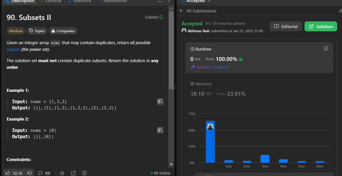 Abhinav_Nair13's tweet image. Day 92/100 of #LeetCodeChallenge!. Solved - 90. Subsets II. 
Just 8 days short of completing this journey!!