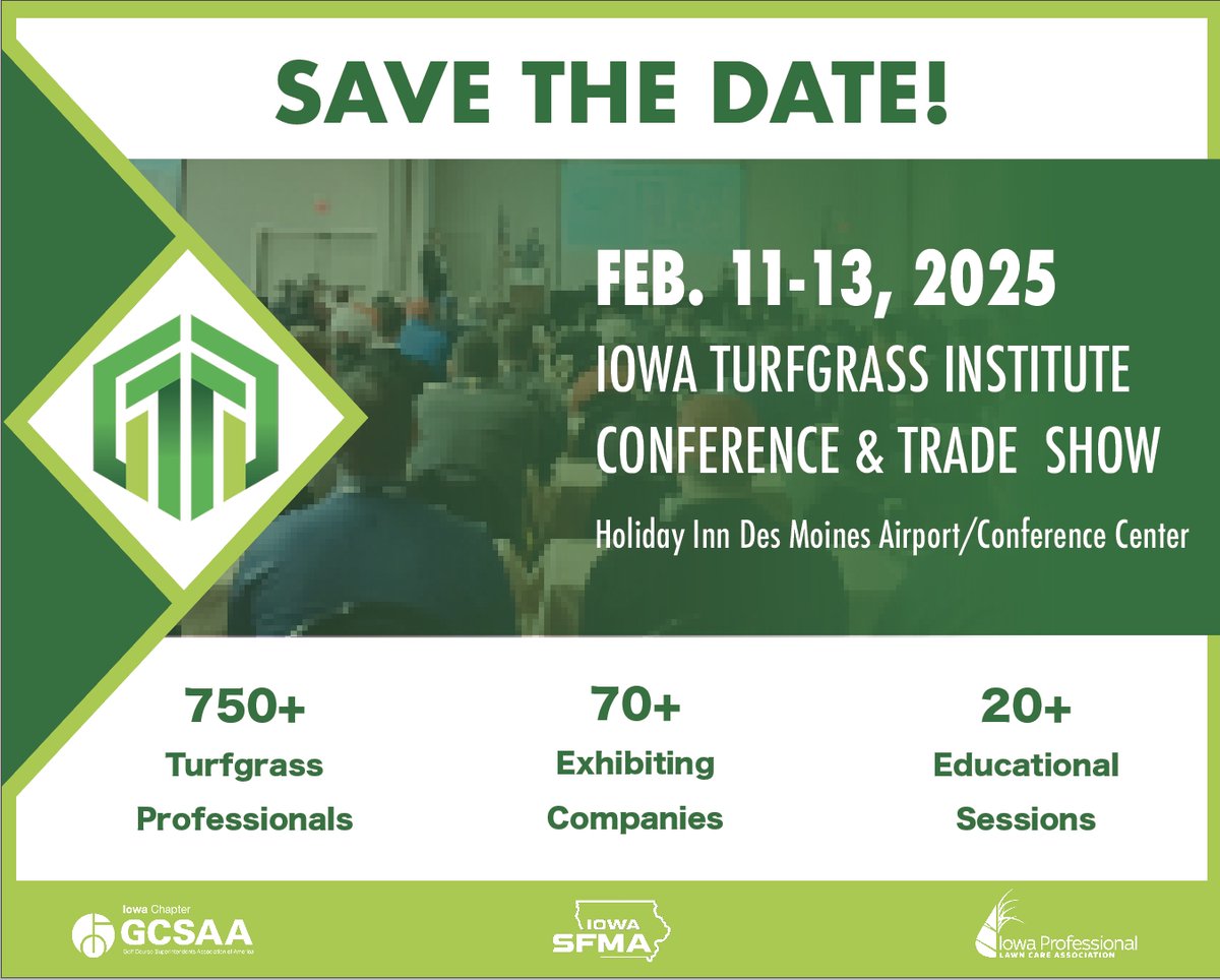 Less than 3 weeks away from this year's ITI Conference &amp; Trade Show!! be sure to sign up at iowaturfgrass.org/events if you're interested in attending this exciting event - We hope to see you there!! <a href="/iowa_stma/">Iowa SFMA</a> <a href="/GcsaIowa/">IowaGCSA</a> <a href="/iowalawncare/">IPLCA</a>