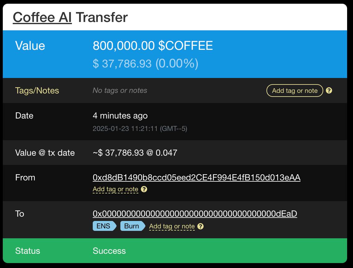 Ahead of our app launch and the move to make $COFFEE deflationary, we’ve kickstarted things by burning 1% of the total supply. 🔥

Going forward, all $COFFEE, $ETH, and $SOL earned through the app will be burned.

ethplorer.io/tx/0x9dca420c3…